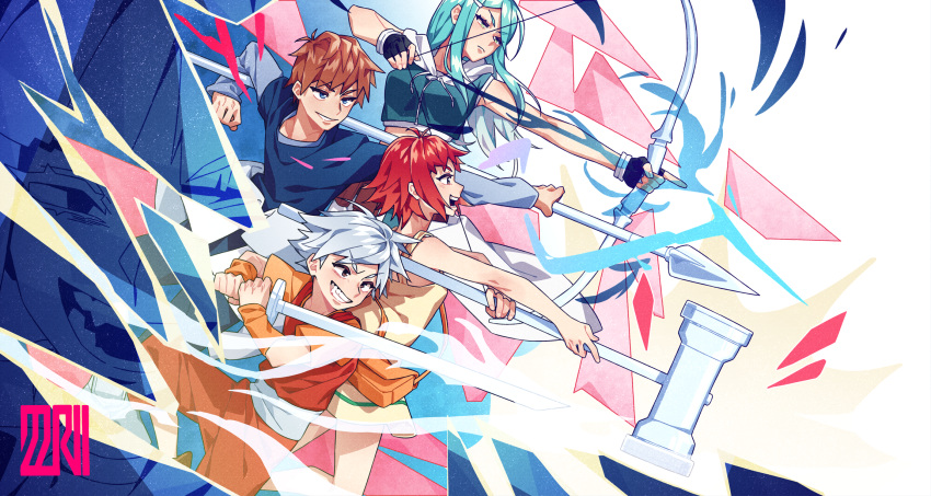 1boy, 1girl, 2boys, 3girls, aqua_hair, archer, archery, armored_boots