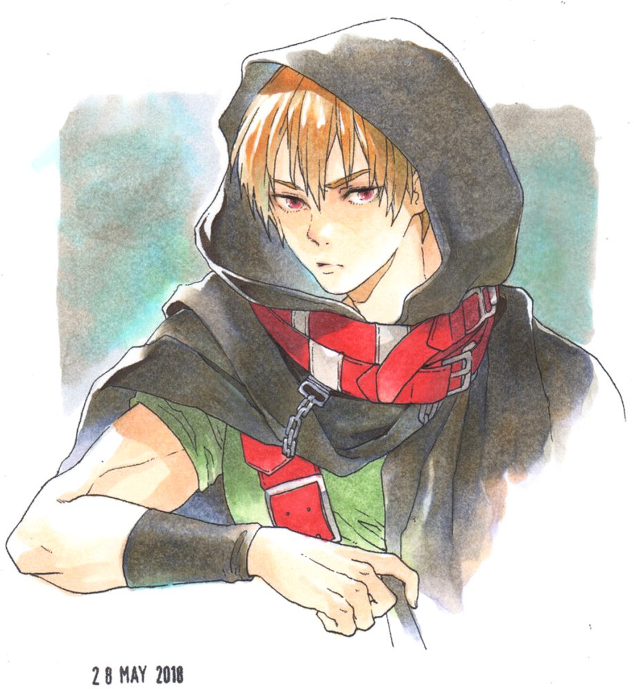 1boy, belt, blonde_hair, cape, chain, clive_(suikoden), closed_mouth, dated