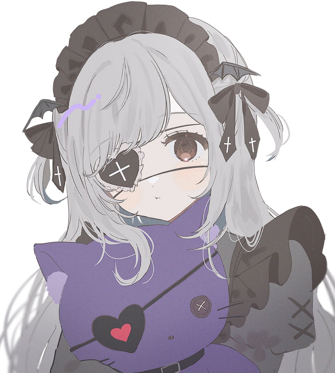 1girl, bat_wings, black_bow, black_dress, bow, brown_eyes, cross, cross_print, dress, eyepatch, frilled_eyepatch, gothic_lolita, grey_hair, hair_bow, hazuki_(mechiru), heart, heart_eyepatch, highres, juliet_sleeves, latin_cross, lolita_fashion, long_hair, long_sleeves, looking_at_viewer, maid_headdress, mechiru, original, pout, puffy_sleeves, simple_background, solo, stuffed_animal, stuffed_cat, stuffed_toy, two_side_up, upper_body, very_long_hair, white_background, wing_hair_ornament, wings