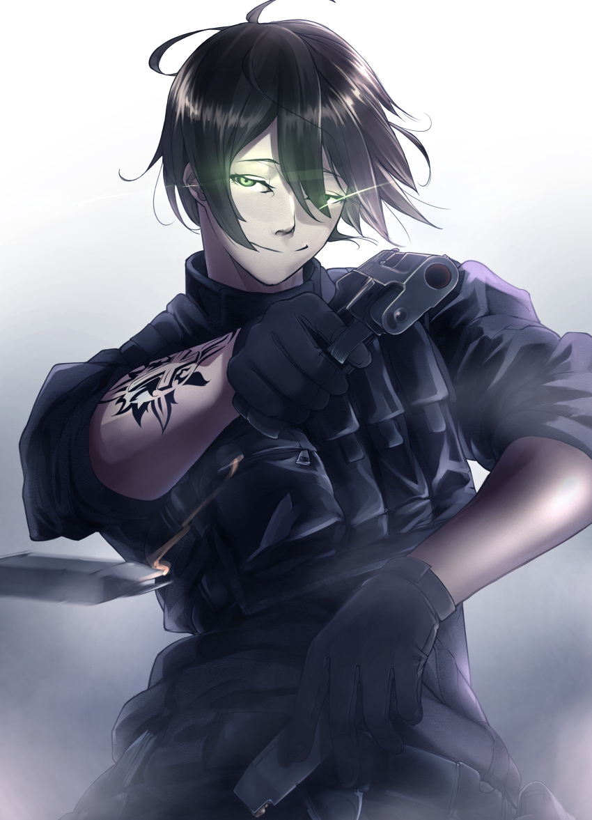 1girl, absurdres, arm_tattoo, black_hair, chequita, cross, finger_on_trigger, fog