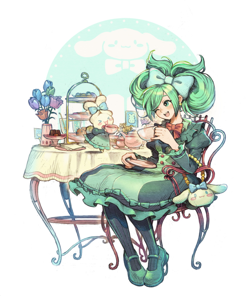 >o<, 1girl, 1other, 9twoeight, black_pantyhose, blue_bow, bow, chair