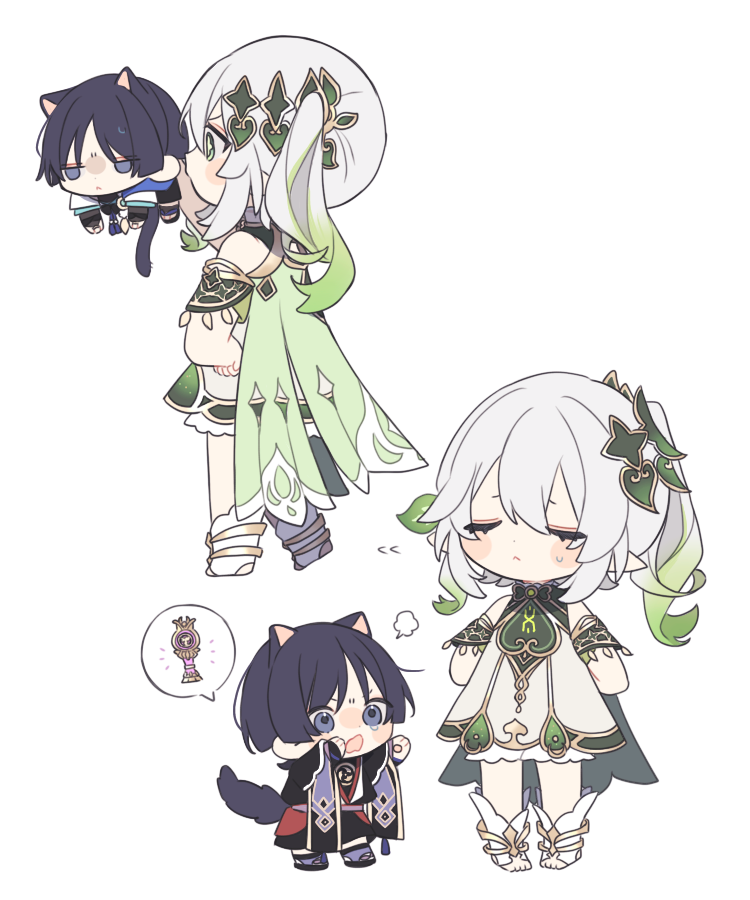1boy, 1girl, =3, animal_ears, anklet, black_shirt, black_shorts, bracelet