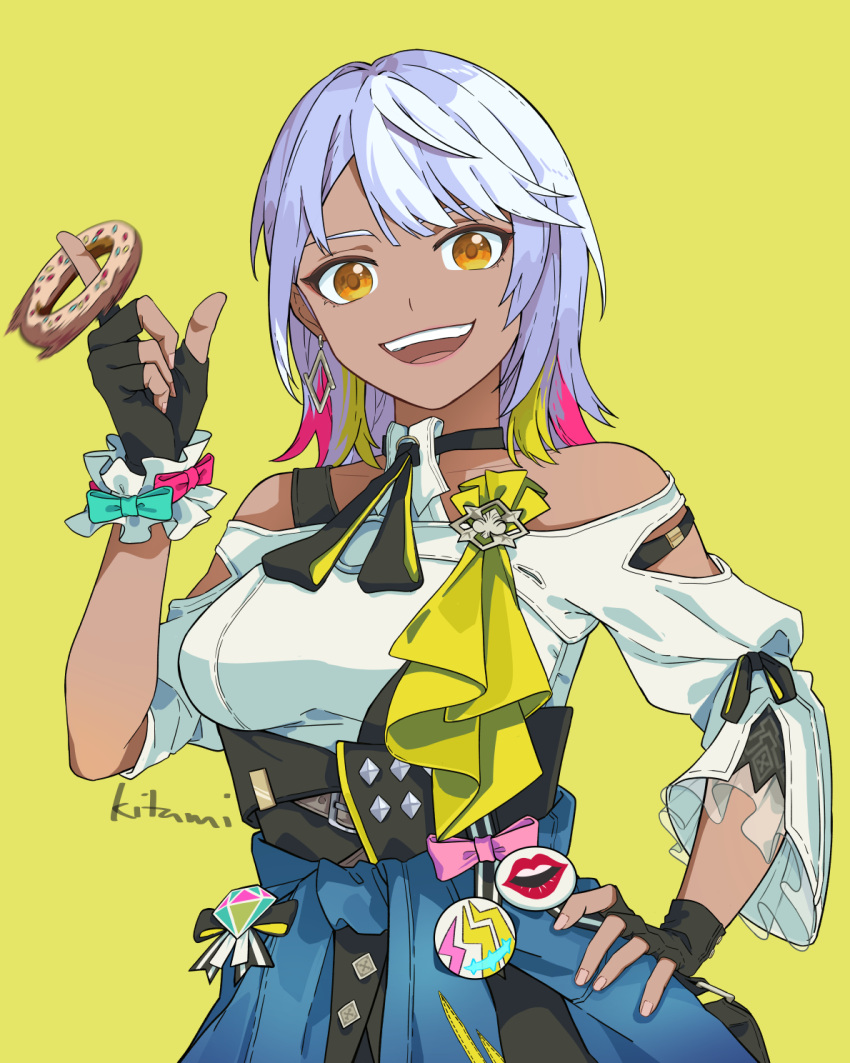 1girl, :d, bangs, bare_shoulders, black_gloves, black_shorts, blue_jacket, carole_peppers, clothes_around_waist, dark-skinned_female, dark_skin, doughnut, earrings, fingerless_gloves, food, gloves, hand_on_hip, highres, honkai_(series), honkai_impact_3rd, jacket, jacket_around_waist, jewelry, kitamiteo, looking_at_viewer, open_mouth, shirt, short_hair, shorts, smile, solo, upper_body, white_hair, white_shirt, yellow_background, yellow_eyes