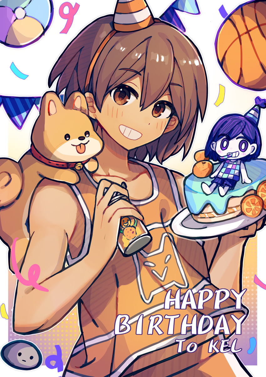 2boys, absurdres, basketball, blush, bright_pupils, brown_eyes, brown_hair, can