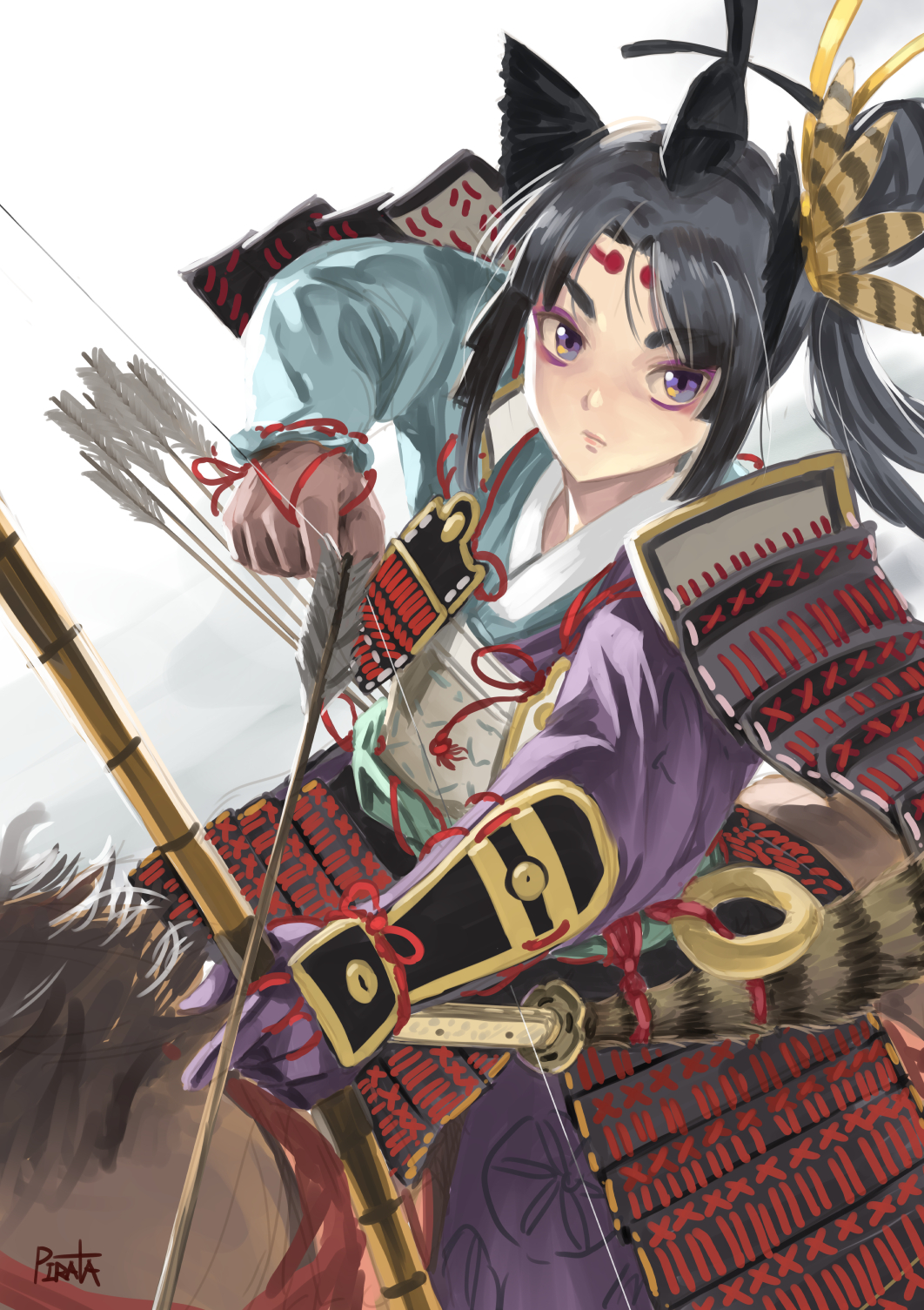 1girl, arm_guards, armor, arrow_(projectile), bangs, black_hair, blue_eyes, bow_(weapon)