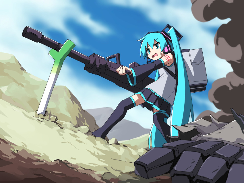 1girl, absurdly_long_hair, black_footwear, black_skirt, blue_eyes, blue_hair, blue_sky, boots, copyright_request, day, detached_sleeves, gun, hatsune_miku, highres, holding, holding_gun, holding_weapon, knee_boots, long_hair, long_sleeves, looking_away, open_mouth, outdoors, pleated_skirt, skirt, sky, solo, standing, sweatdrop, twintails, very_long_hair, vocaloid, weapon, yachima_tana