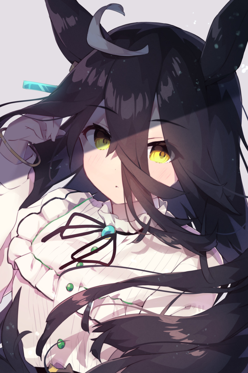 1girl, :o, absurdres, adjusting_hair, ahoge, animal_ears, bangs, black_hair