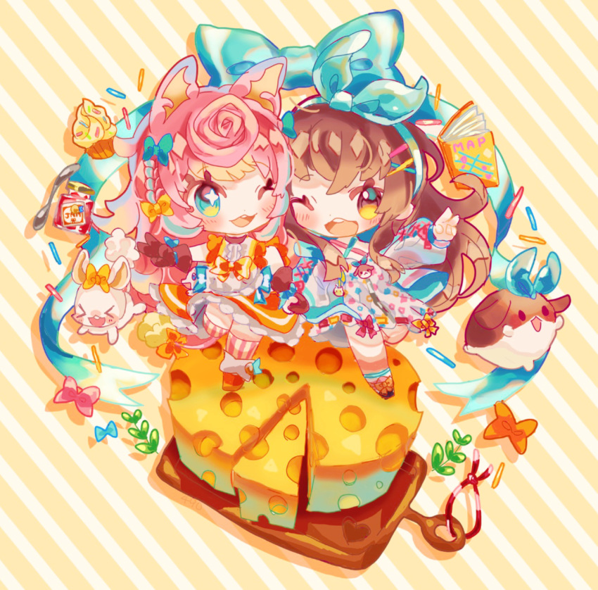 2girls, :d, apron, bangs, blush, bow, braid, brown_hair, cheese, chibi, dress, food, hair_bow, hair_ornament, hairband, highres, indie_virtual_youtuber, korone_pochi, long_hair, multiple_girls, nanahira, one_eye_closed, open_mouth, outstretched_arm, pink_hair, ribbon, sicure, skirt, sleeveless, sleeveless_dress, smile, striped, thick_eyebrows, thigh-highs, very_long_hair, virtual_youtuber, waist_apron, white_apron, yellow_dress, yellow_eyes