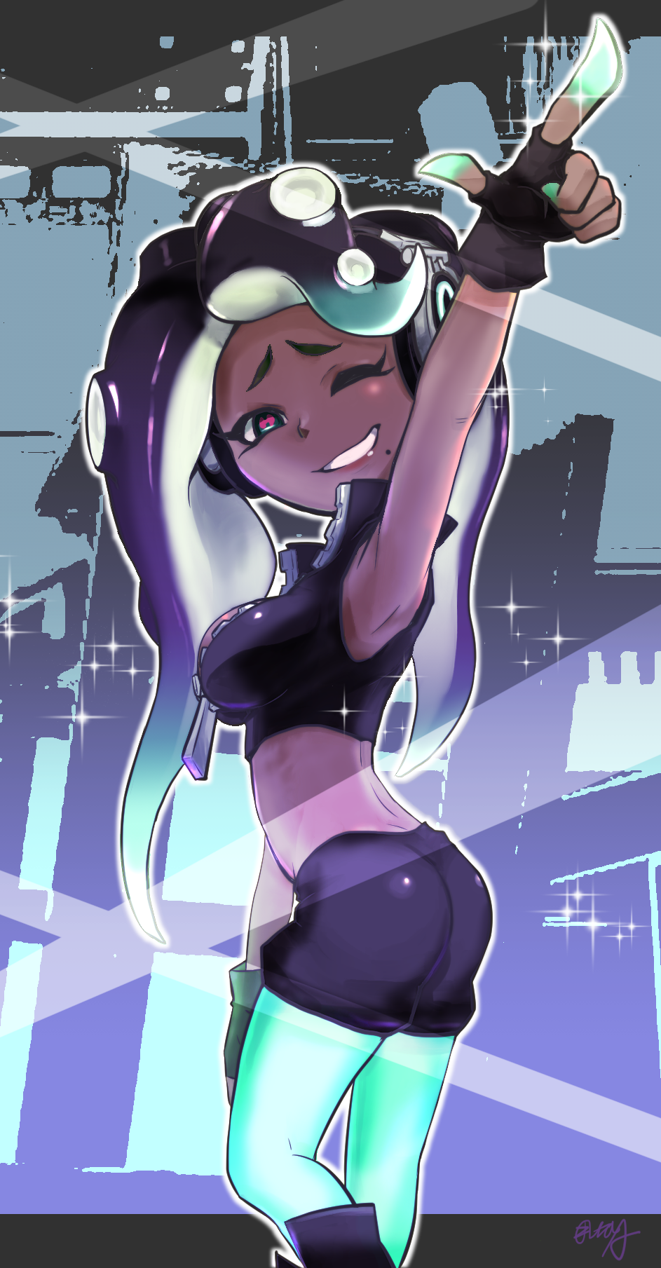 1girl, aqua_eyes, black_footwear, black_gloves, black_shorts, boots, breasts, cephalopod_eyes
