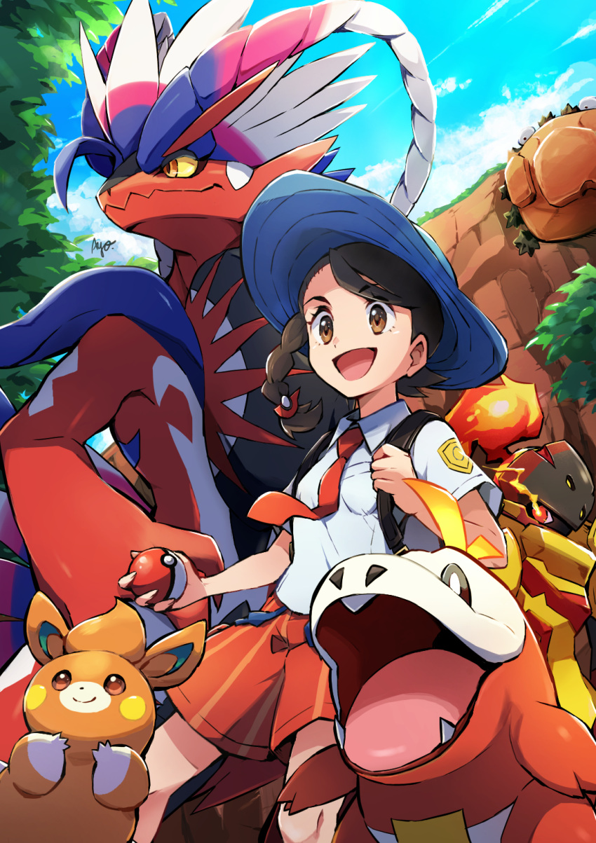 1girl, :d, armarouge, ayo_(ayosanri009), bangs, blue_headwear, braid, brown_eyes