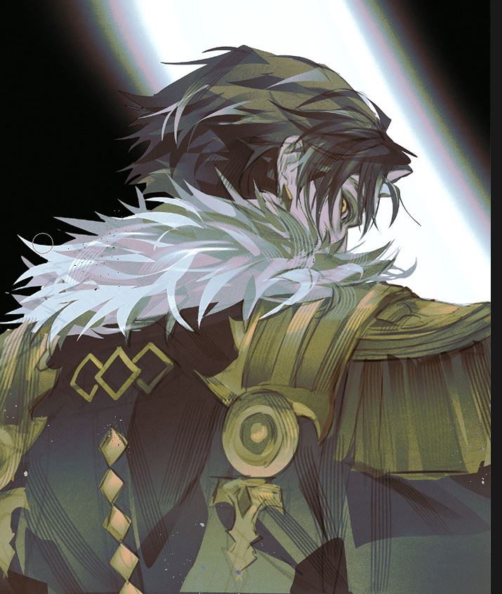 1boy, bangs, brown_hair, covered_mouth, earrings, emet-selch, epaulettes, final_fantasy