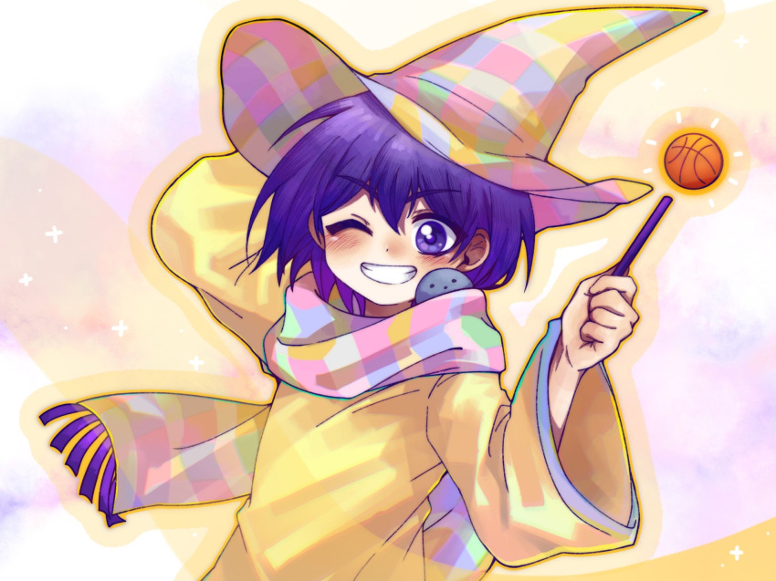 1boy, basketball, blush, grin, hat, highres, holding, holding_wand