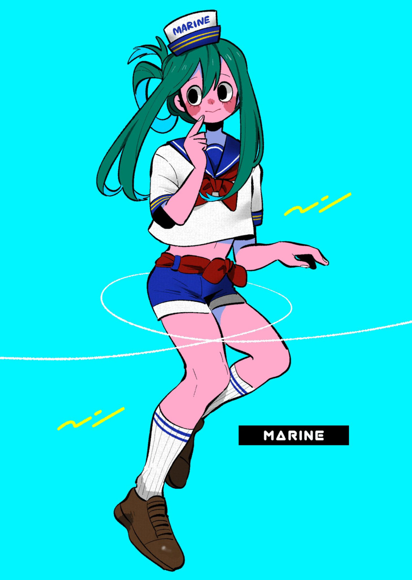 1girl, alternate_costume, alternate_hairstyle, anna_(aannnaa3), aqua_background, asui_tsuyu, black_eyes, blue_sailor_collar