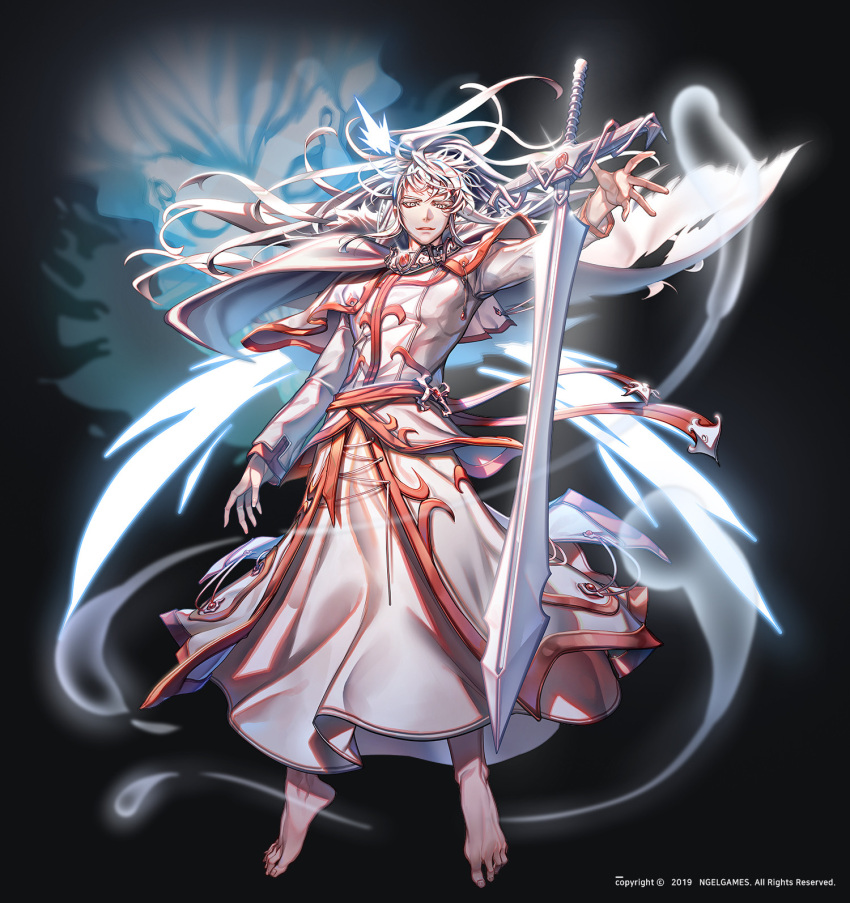 1boy, barefoot, english_text, floating, floating_object, gem, hero_cantare, highres, long_hair, long_sleeves, looking_at_viewer, midair, official_art, open_mouth, red_gemstone, smile, sword, tower_of_god, weapon, white_(tower_of_god), white_eyes, white_hair, yagaaaa