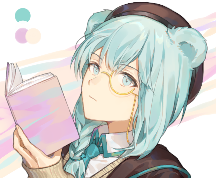 1girl, animal_ears, aqua_hair, aqua_necktie, arknights, bear_ears, bear_girl, beret, blue_eyes, book, braid, brown_headwear, brown_jacket, brown_vest, collared_shirt, cyg38801, extra_ears, flower, hair_flower, hair_ornament, hat, holding, holding_book, istina_(arknights), jacket, long_hair, looking_at_viewer, monocle, necktie, open_clothes, open_jacket, pink_pupils, semi-rimless_eyewear, shirt, simple_background, solo, star_(symbol), star_hair_ornament, under-rim_eyewear, upper_body, vest, white_background, white_flower, white_shirt