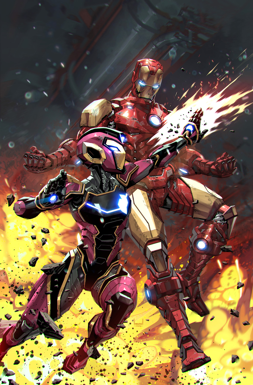 1boy, 1girl, artist_name, blue_eyes, clenched_hands, comic_cover, cover_image, english_commentary