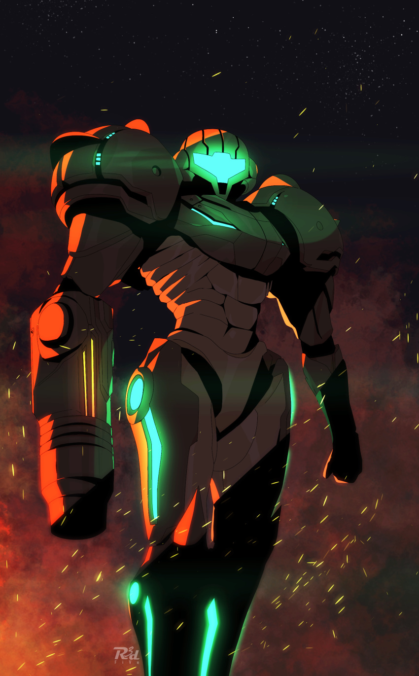 1girl, absurdres, arm_cannon, armor, embers, feet_out_of_frame, helmet, highres