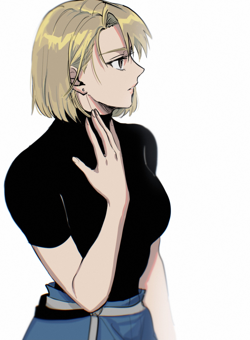 1girl, bangs, black_shirt, blonde_hair, blue_pants, bob_cut, breasts, brown_eyes