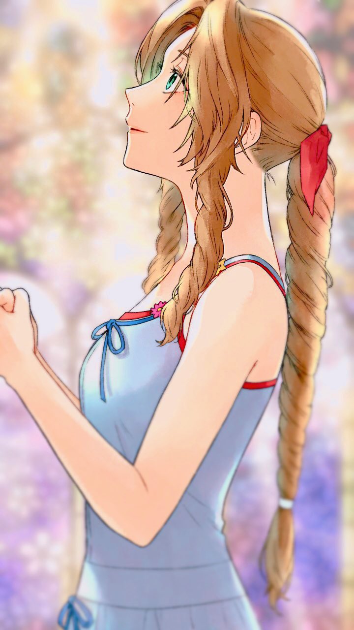 1girl, 3wa_tari, aerith_gainsborough, bangs, bare_arms, braid, braided_ponytail, breasts, crisis_core_final_fantasy_vii, dress, final_fantasy, final_fantasy_vii, green_eyes, hair_ribbon, highres, long_hair, looking_up, medium_breasts, outdoors, own_hands_clasped, own_hands_together, parted_bangs, pink_ribbon, profile, ribbon, sidelocks, smile, solo, sundress, upper_body, wavy_hair, white_dress