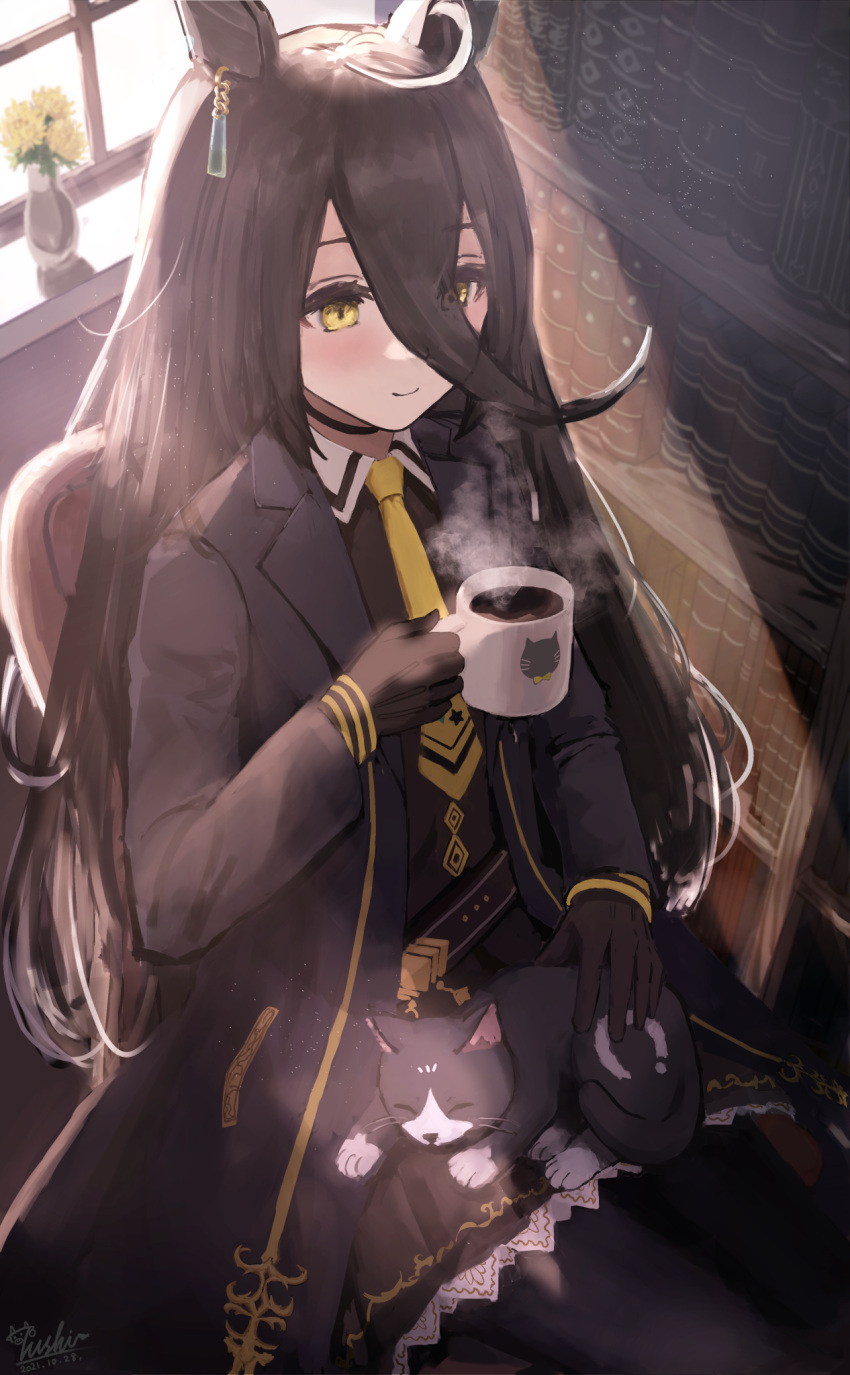 1girl, ahoge, animal_ears, bangs, black_choker, black_gloves, black_hair, black_jacket