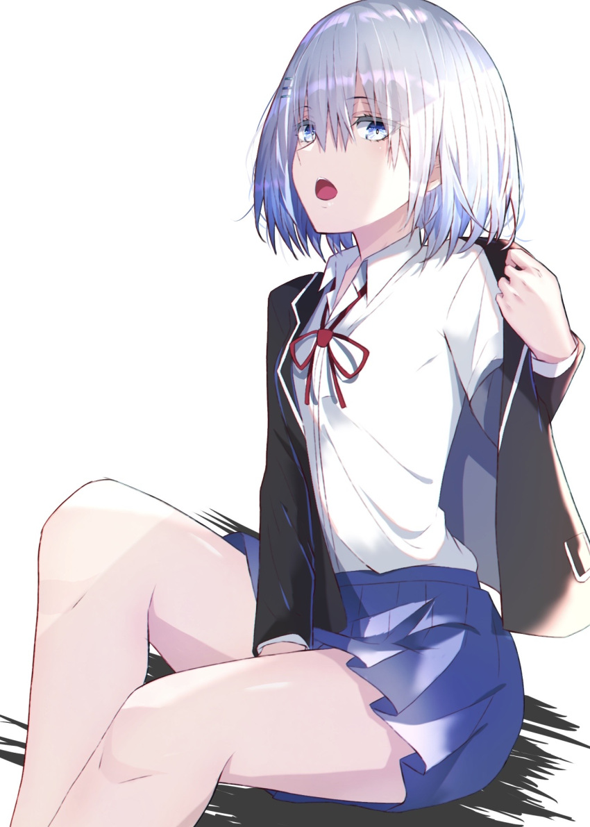 1girl, bangs, between_legs, black_jacket, blue_eyes, blue_skirt, collared_shirt, dande_cat
