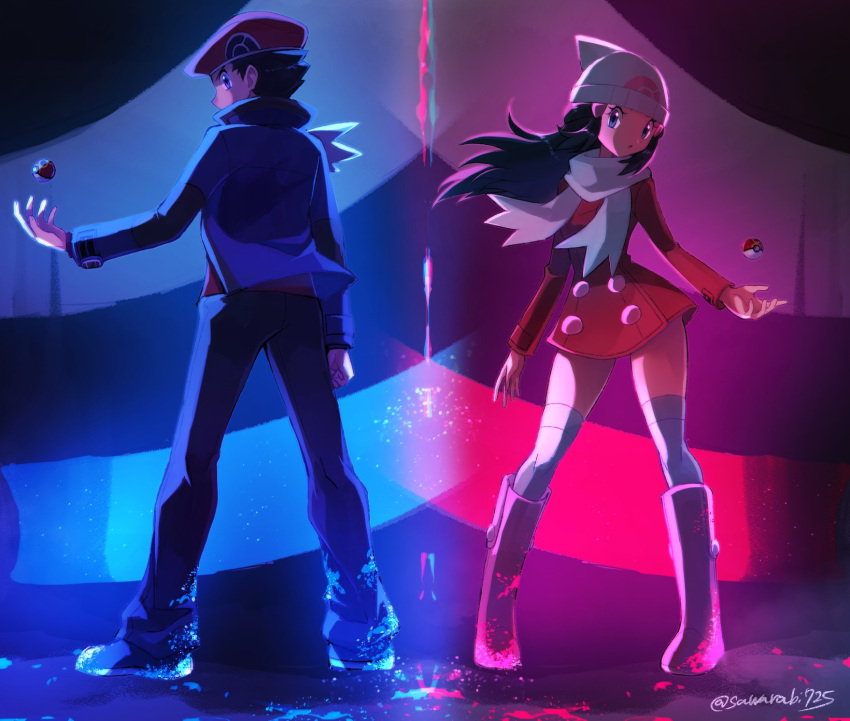 1boy, 1girl, black_hair, black_pants, blue_eyes, blue_jacket, boots, contrapposto
