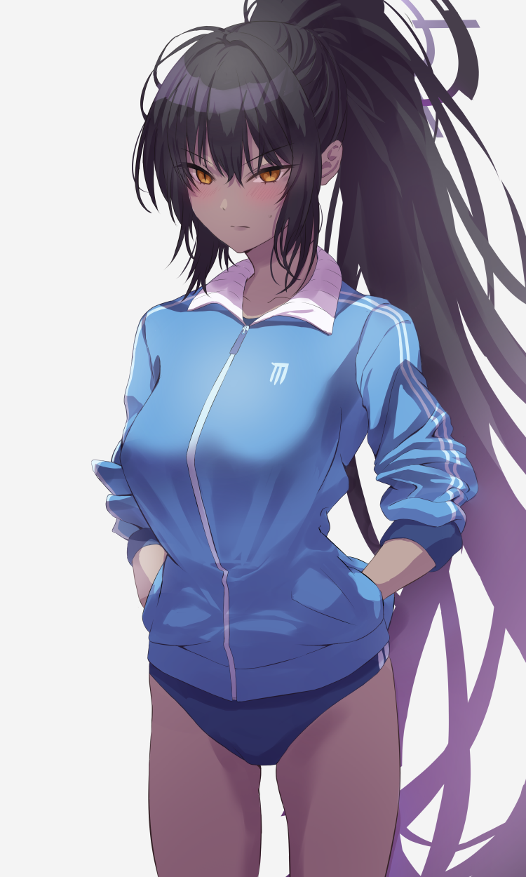 1girl, black_hair, blue_archive, blue_sleeves, blush, breasts, buruma, closed_mouth