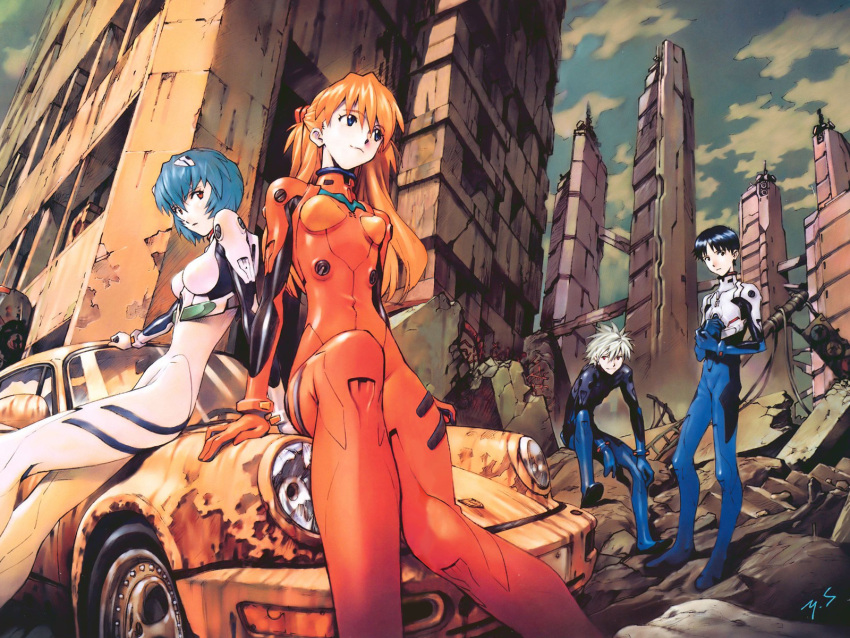 car, gainax, highres, ikari_shinji, motor_vehicle, nagisa_kaworu, neon_genesis_evangelion, plugsuit, porsche, porsche_911, sadamoto_yoshiyuki, souryuu_asuka_langley, vehicle, wallpaper