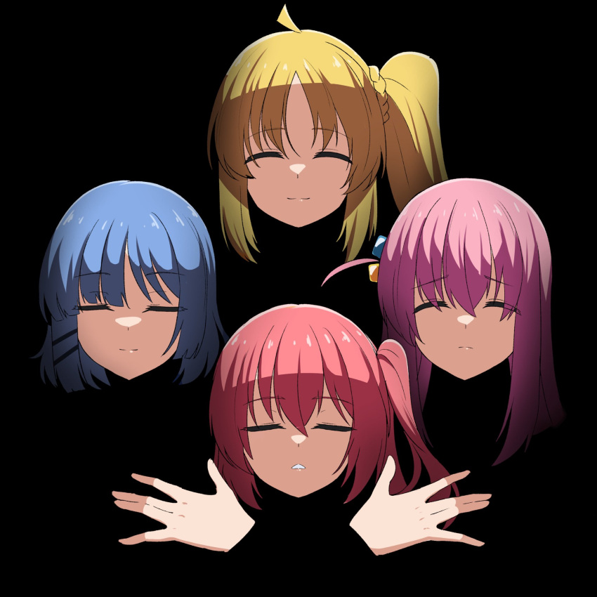 4girls, album_cover, album_cover_redraw, black_background, blonde_hair, blue_hair, bocchi_the_rock!, bohemian_rhapsody