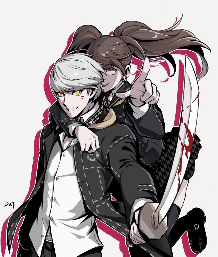 1boy, 1girl, absurdres, bangs, blood, blood_on_face, blood_on_weapon, brown_hair, colored_shadow, da-cart, evil_smile, highres, holding, holding_sword, holding_weapon, hug, hug_from_behind, katana, kujikawa_rise, looking_at_viewer, narukami_yuu, persona, persona_4, persona_4:_the_ultimate_in_mayonaka_arena, persona_4:_the_ultimax_ultra_suplex_hold, pointing, pointing_at_viewer, school_uniform, shadow, shadow_rise, shadow_yu, smile, sword, twintails, watermark, weapon, yasogami_school_uniform, yellow_eyes