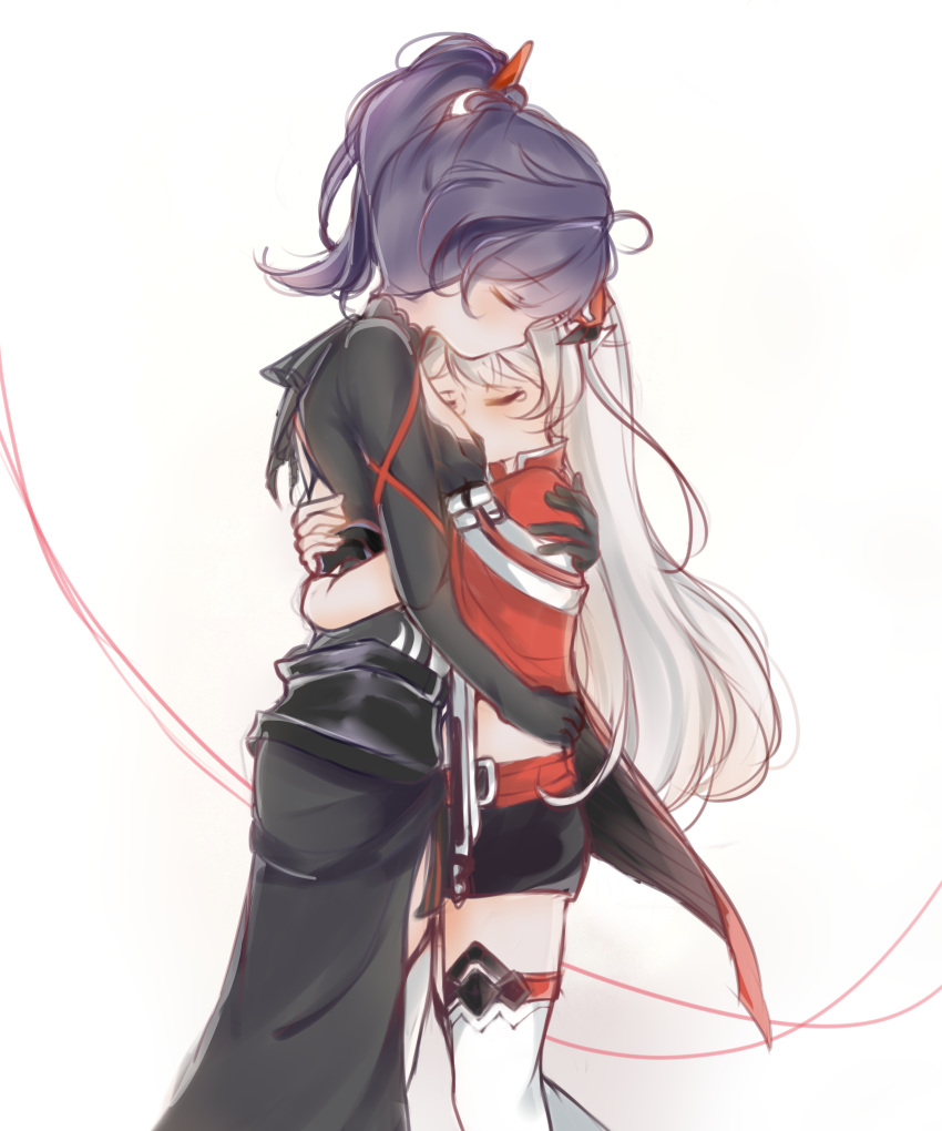 2girls, absurdres, backless_outfit, black_hair, closed_eyes, from_side, head_on_chest, height_difference