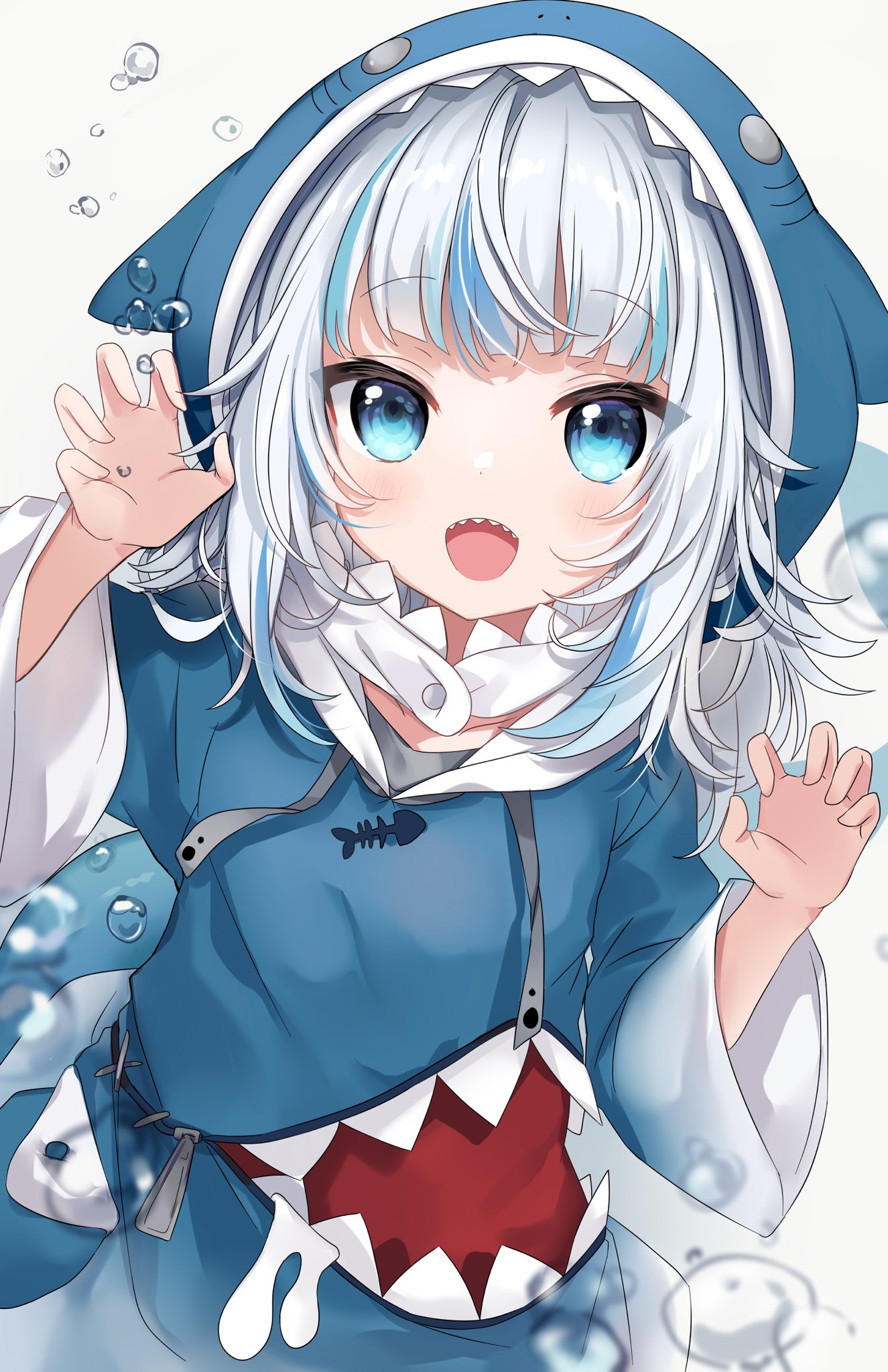 1girl, :d, air_bubble, animal_costume, animal_hood, bangs, blue_eyes, blue_hair