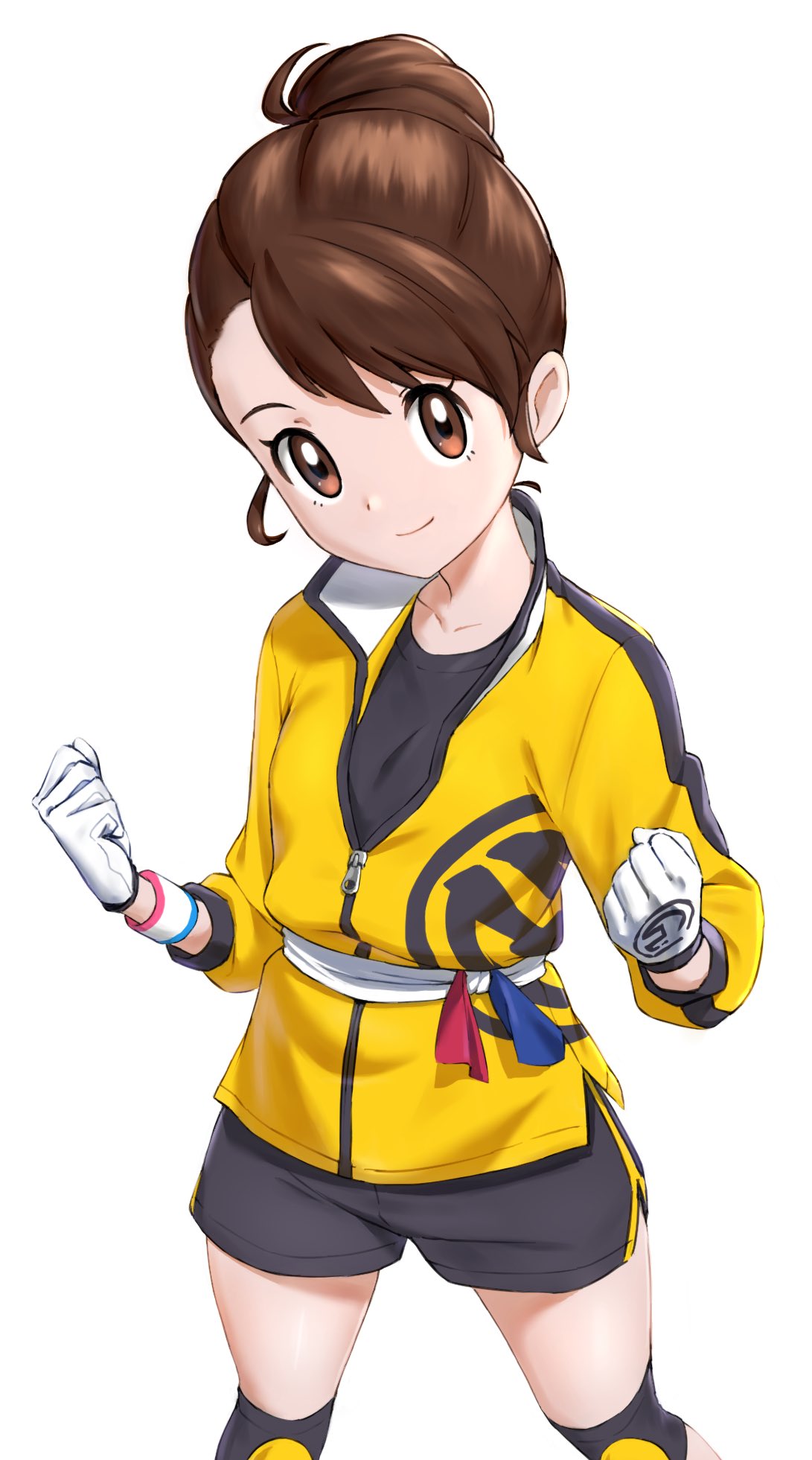 1girl, bangs, black_shirt, black_shorts, brown_eyes, brown_hair, clenched_hands, closed_mouth