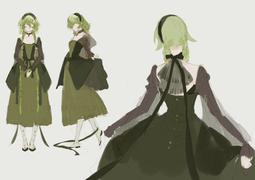 1girl, absurdres, bangs, black_hairband, braid, chinese_commentary, closed_eyes, commentary, dress, facing_viewer, from_behind, full_body, genzaw, green_dress, green_hair, green_theme, grey_background, hair_between_eyes, hairband, highres, long_hair, long_sleeves, low_twin_braids, low_twintails, multiple_views, original, reference_sheet, simple_background, skirt_hold, standing, turnaround, twin_braids, twintails, very_long_hair, wavy_hair