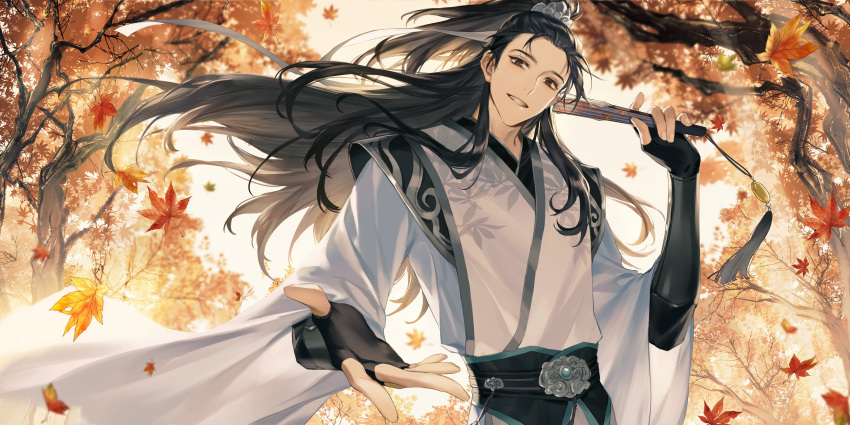 1boy, absurdres, bishounen, black_gloves, black_hair, black_sash, brown_eyes, character_request