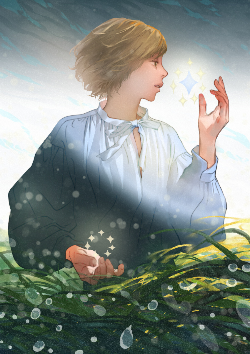 1boy, brown_hair, day, hand_up, highres, long_sleeves, male_focus, noridraw, original, outdoors, puffy_long_sleeves, puffy_sleeves, shirt, short_hair, sparkle, water_drop, white_shirt