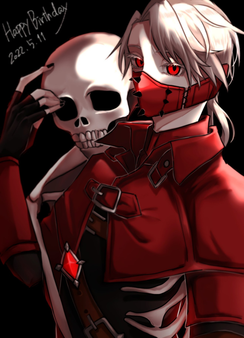 1boy, aesop_carl, black_background, black_nails, blue_mix_white, coat, dated, happy_birthday, highres, identity_v, jacket, long_hair, long_sleeves, looking_at_viewer, male_focus, mask, mouth_mask, red_coat, red_eyes, red_jacket, skull, solo, white_hair