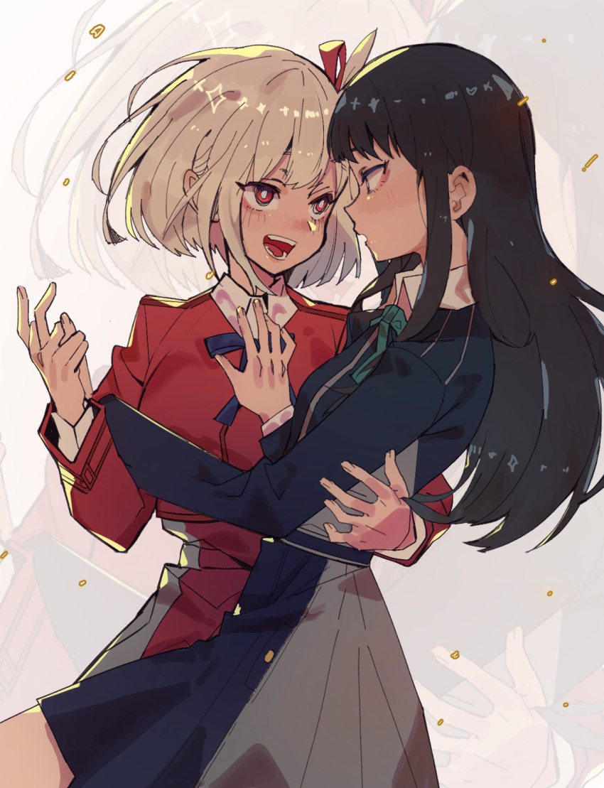 2girls, black_hair, blonde_hair, eye_contact, hair_ribbon, hand_around_waist, highres, holding_hands
