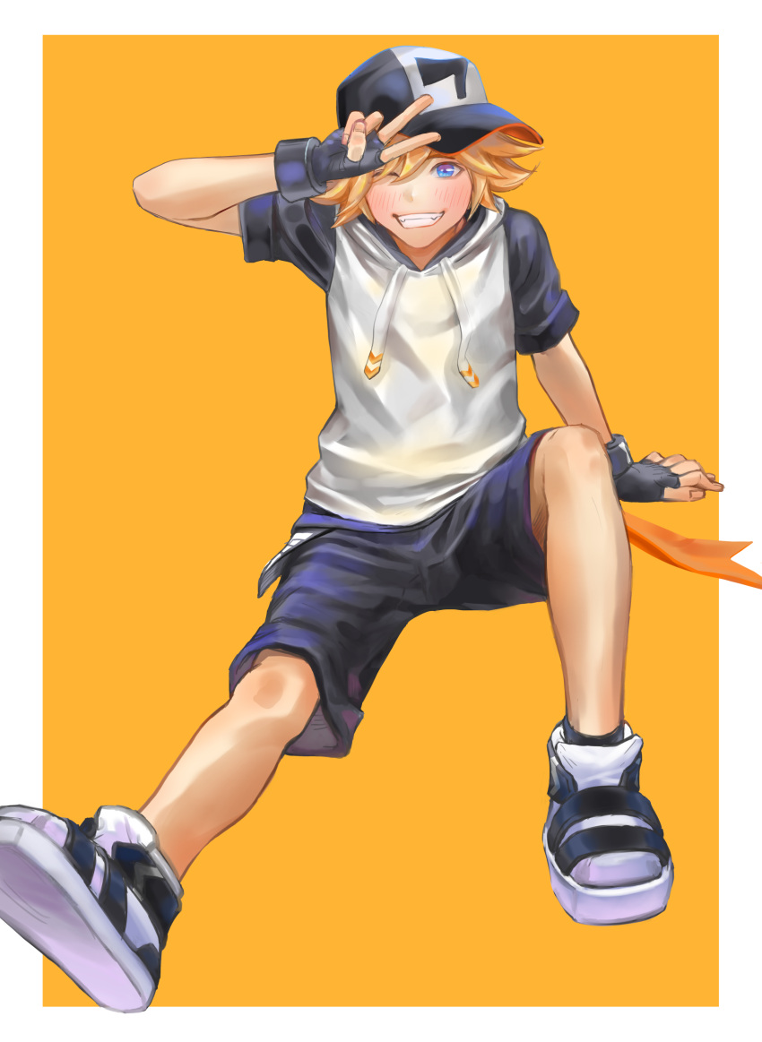 1boy, absurdres, bangs, baseball_cap, bishounen, blonde_hair, blue_eyes, commentary, commentary_request, denim, denim_shorts, drawstring, fingerless_gloves, full_body, gloves, hat, highres, hood, hoodie, looking_at_viewer, male_focus, noridraw, on_floor, one_eye_closed, original, shoes, short_hair, short_sleeves, shorts, sideways_hat, simple_background, sitting, smile, sneakers, solo, teeth, v