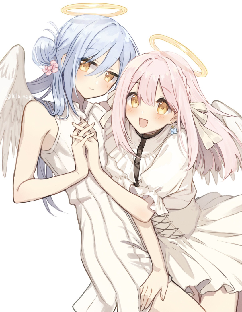 1010_neg, 2girls, :d, angel, angel_wings, bangs, bare_arms, blue_hair