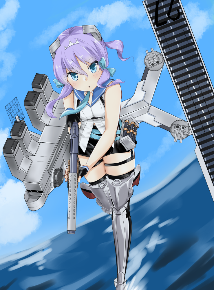 1girl, anti-aircraft, anti-aircraft_gun, aqua_necktie, black_gloves, blue_eyes, boots, clouds