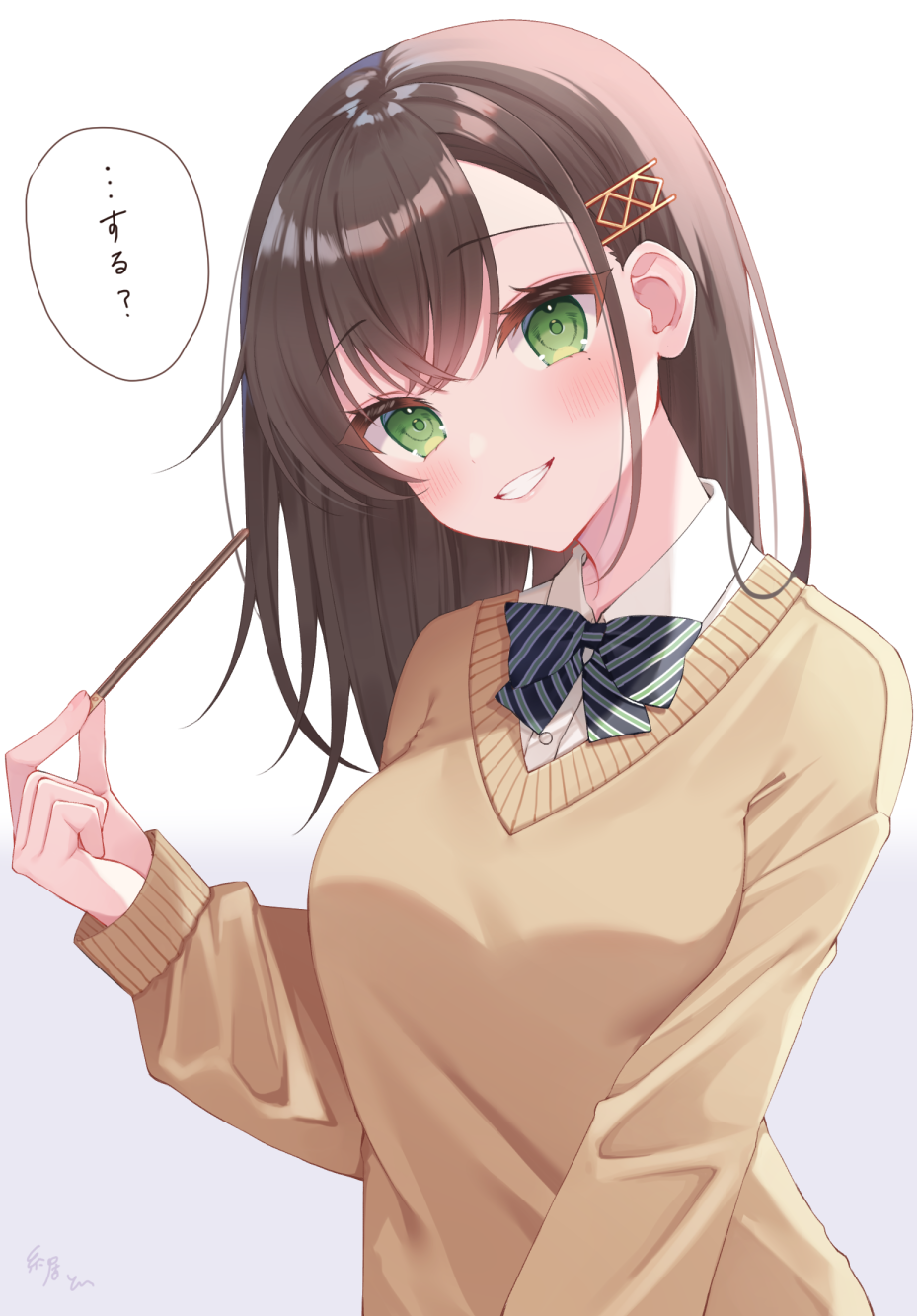 1girl, bangs, blush, brown_hair, brown_sweater, collared_shirt, commentary_request, diagonal-striped_bow