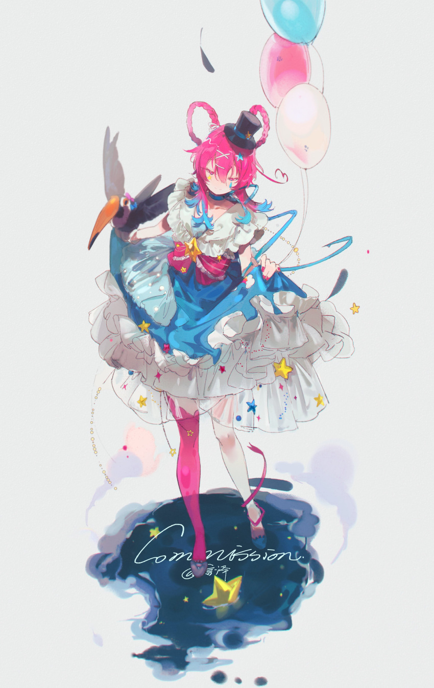1girl, absurdres, balloon, bird, bird_on_hand, blue_choker, blue_dress, blue_pupils