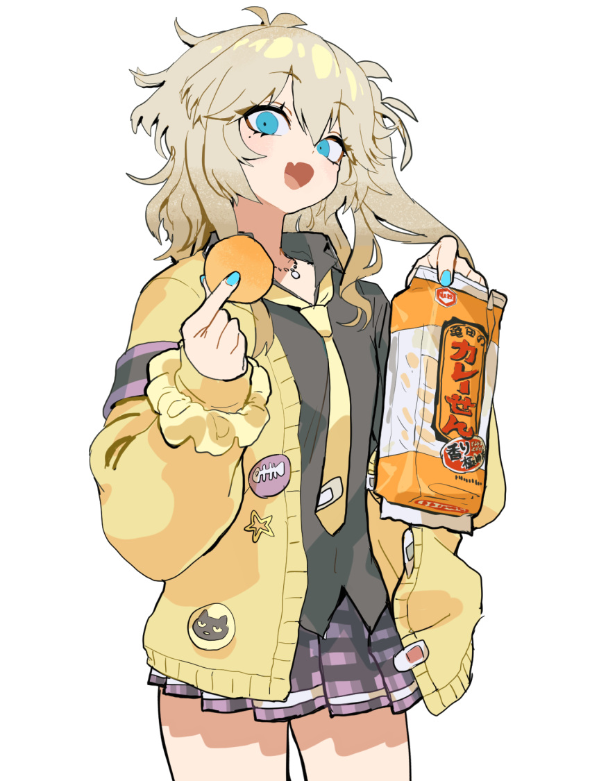 1girl, bandaid, black_shirt, blonde_hair, blue_eyes, collared_shirt, fang, food