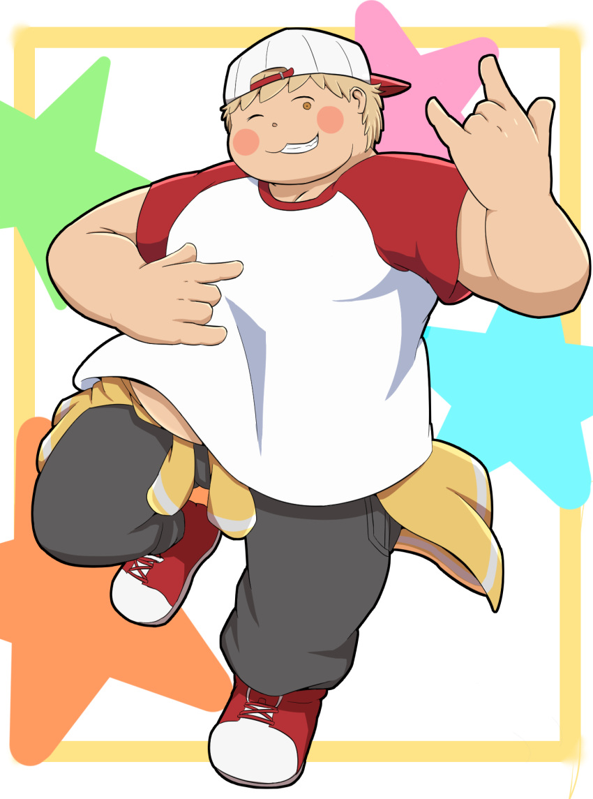 1boy, ;), \m/, backwards_hat, baseball_cap, black_pants, blonde_hair, blush_stickers, daimon_manami, fat, full_body, hat, highres, male_focus, one_eye_closed, otezari_(otesei), pants, red_footwear, shirt, shoes, short_hair, short_sleeves, simple_background, smile, solo, standing, standing_on_one_leg, star_(symbol), t-shirt, tribe_nine, white_background, white_headwear