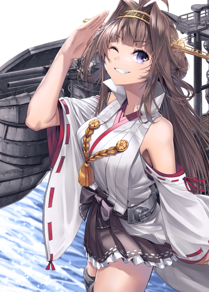 1girl, ahoge, breasts, brown_hair, cowboy_shot, detached_sleeves, double_bun, grin, hair_bun, hairband, hakama, hakama_short_skirt, hakama_skirt, headgear, highres, japanese_clothes, kantai_collection, kongou_(kancolle), kongou_kai_ni_(kancolle), large_breasts, long_hair, machinery, nontraditional_miko, one_eye_closed, popped_collar, ribbon-trimmed_sleeves, ribbon_trim, salute, skirt, smile, turret, violet_eyes, zombie_mogura