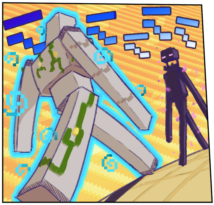 angry, aura, black_skin, colored_skin, creature, dark_skin, enderman, fighting_stance, from_side, frostyflytrap, golem, iron_golem_(minecraft), jojo_no_kimyou_na_bouken, mechanical_arms, mechanical_legs, metal_skin, minecraft, no_humans, parody, plant, sound_effects, striped, striped_background, tall, upset, very_dark_skin, vines, violet_eyes, walking, yellow_background