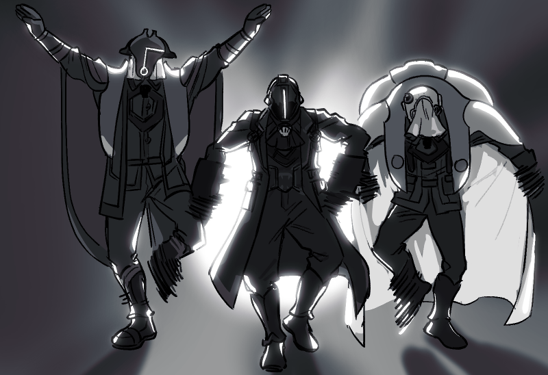 3boys, 68382837d, black_suit, bondrewd, coat, covered_face, dancing, formal