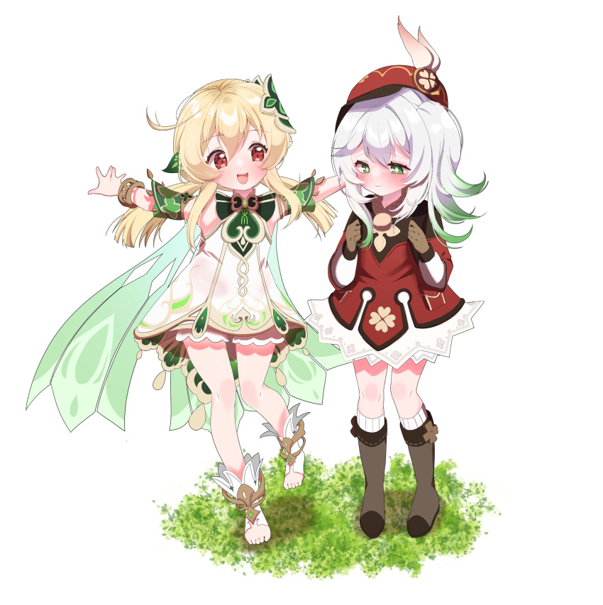 2girls, :d, ahoge, backpack, bag, bangs, blonde_hair, bloomers, boots, bracelet, brown_footwear, brown_gloves, brown_scarf, cabbie_hat, clover_print, coat, commentary_request, cosplay, costume_switch, detached_sleeves, dress, full_body, genshin_impact, gloves, gradient_hair, green_eyes, hair_between_eyes, hair_ornament, hat, hat_feather, hat_ornament, highres, jewelry, klee_(genshin_impact), klee_(genshin_impact)_(cosplay), knee_boots, kneehighs, lily_anke, long_hair, long_sleeves, looking_at_another, low_twintails, multicolored_hair, multiple_girls, nahida_(genshin_impact), nahida_(genshin_impact)_(cosplay), outstretched_arms, pocket, pointy_ears, red_coat, red_eyes, red_headwear, scarf, short_sleeves, side_ponytail, sidelocks, simple_background, smile, socks, spread_arms, standing, standing_on_one_leg, stirrup_legwear, symbol-shaped_pupils, toeless_legwear, toes, trait_connection, twintails, underwear, white_background, white_dress, white_hair
