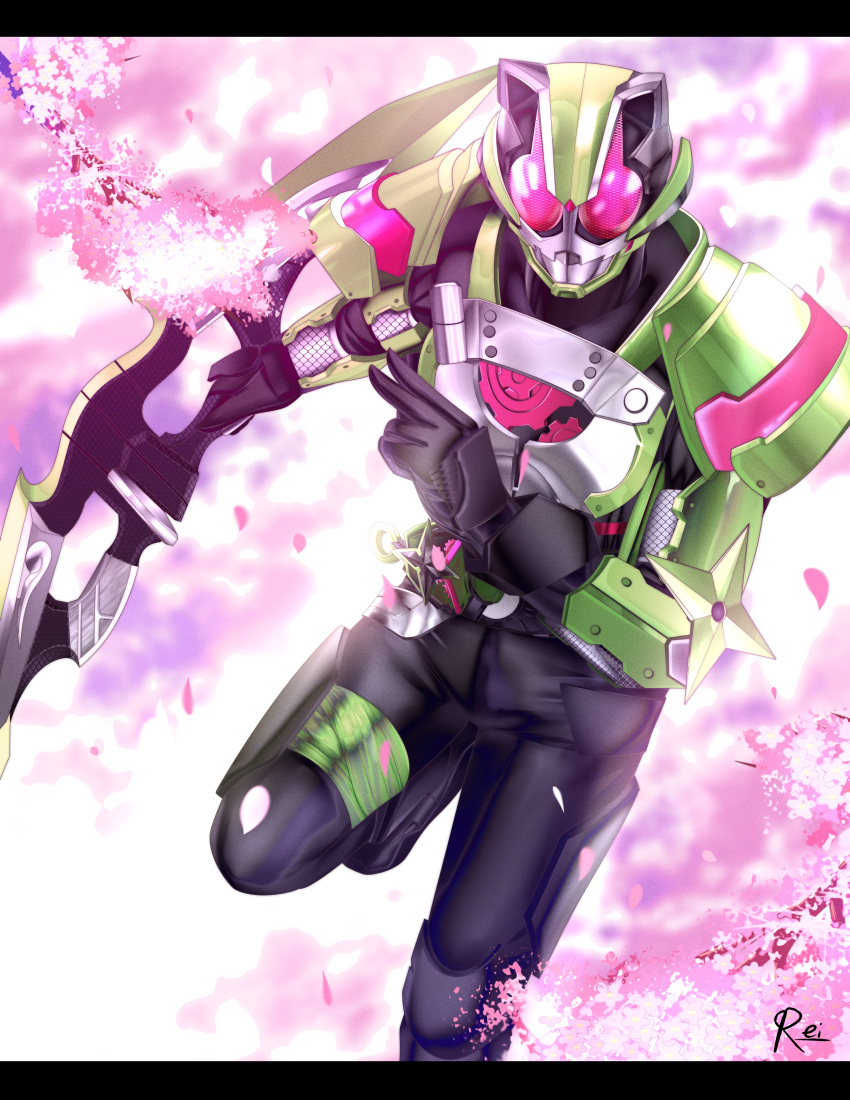 1boy, absurdres, armor, artist_name, black_bodysuit, bodysuit, cherry_blossoms, commentary, compound_eyes, desire_driver, driver_(kamen_rider), gears, hand_gesture, highres, holding, holding_weapon, kamen_rider, kamen_rider_geats_(series), kamen_rider_tycoon, leg_up, mixed-language_commentary, ninja, ninja_buckle, ninja_dueler, petals, red_eyes, reiei_8, shuriken, solo, tanuki, thigh_strap, tokusatsu, twitter_username, weapon